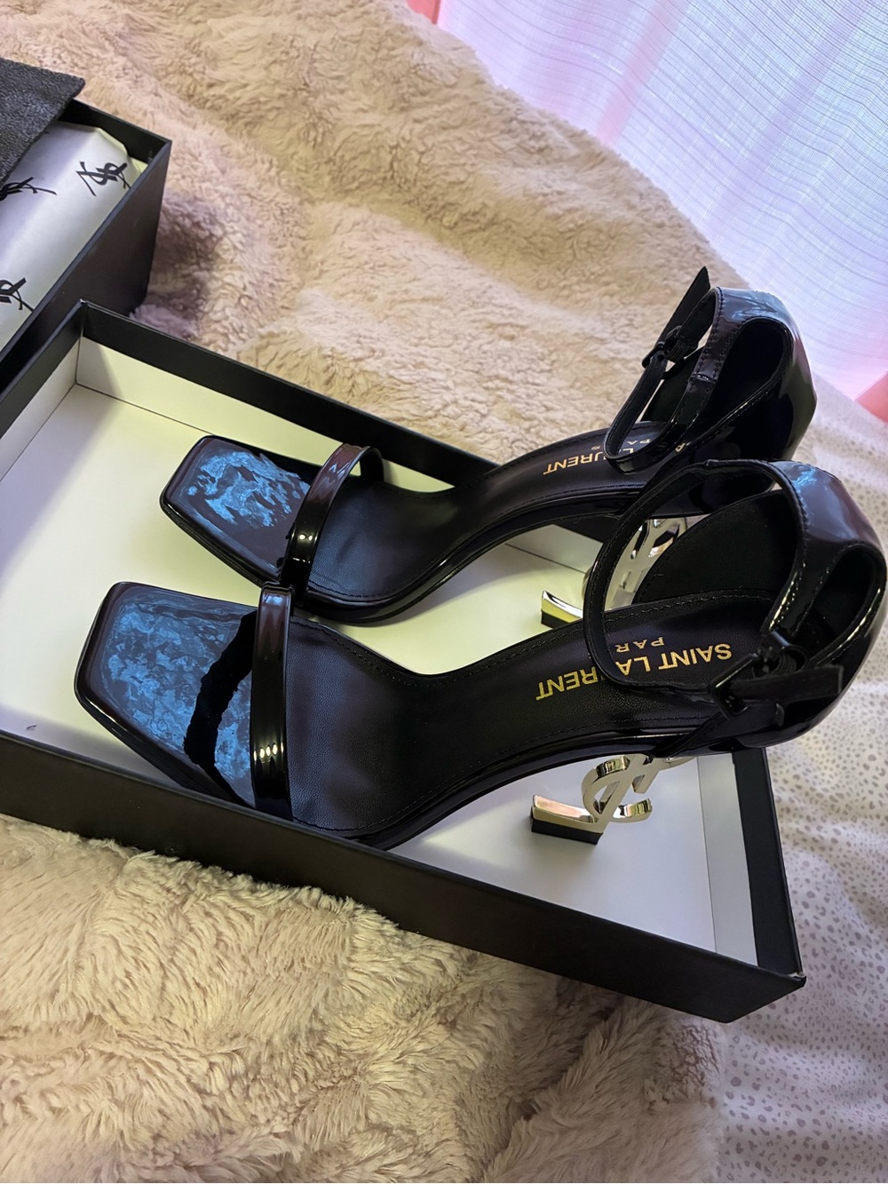 Saint Laurent Black Patent Leather YSL Monogram Heel Sandals